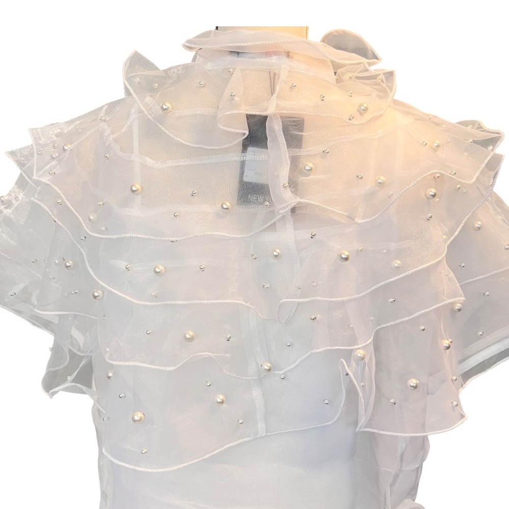 #A015  RomanticStyle EveningGlam  Nancy  White  Organza  Pearl  Ruffle Top NWT M - Picture 6 of 11